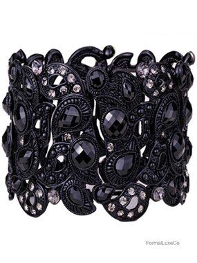 Stretch Cuff Bracelet - Elastic Band, Floral Pattern Crystal, Lead & Nickle Free